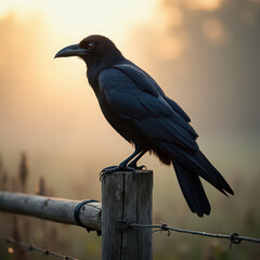 Fototapeta premium Black bird sits on wooden post at sunrise near a misty field and looks into the distance