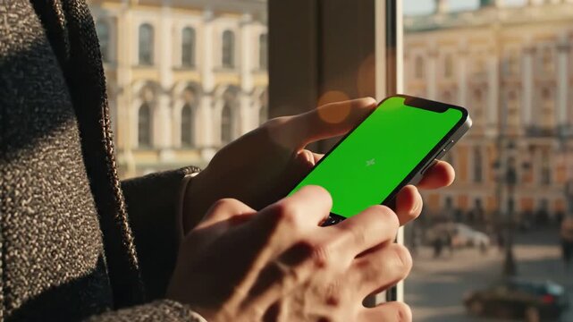 Green Screen 4k man using iphone 12 smartphone viewing on phone press browsing chroma key online typing text reading social media close up hands 24 04 21 st petersburg russia scene 4 with distortion
