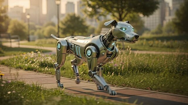 A cutting-edge robot dog walks along a park path, bathed in sunlight. It evokes innovation, companionship, and technology. Ideal for themes of future, ai, robotics, pets, and animal welfare