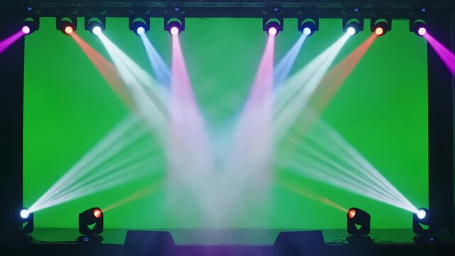 Green Screen dj stage lights on background light beams spotlights chroma key 4k video effect copy space scene 1 with distortion, overlay, glitch, static noise, scan lines black background, animated
