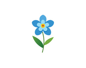 A simple blue flower icon with green leaves on a white background