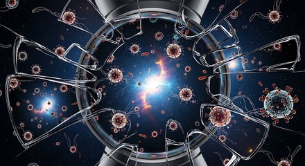 Shattered Glass with Nipah Virus Particles, Surrealistic Concept, Dark Background, High-Tech Visualization