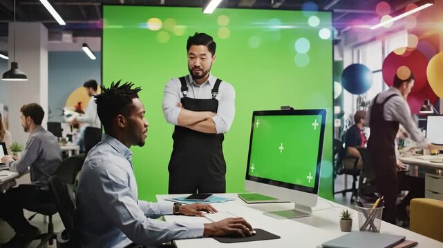 Green Screen young handsome specialist working on desktop computer with mock up display in a busy creative office colleagues male manager trimmed beard is wearing casual black jumper scene 2