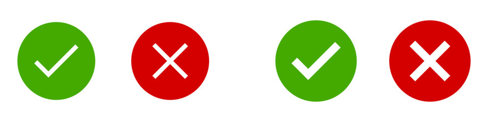 Obraz premium Yes and No or Right and Wrong or Approved and Declined Round Icons with Flat Thin Green Check Mark and Red X Cross Sign. Vector Image.