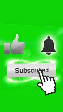 Green Screen pop up youtube subscribe like bell icon button clicked animation motion graphic with chroma clip template 4k scene 1 distortion, overlay, glitch, static noise, scan lines on black