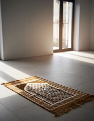 Islamic prayer rug on floor with natural light coming from window