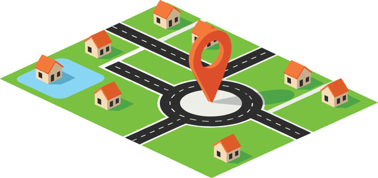 Isometric neighborhood map illustration with houses, roads, roundabout, and location pin representing navigation, real estate, urban planning, and smart city concept