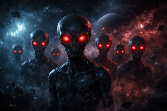Dark extraterrestrial beings with glowing red eyes standing in deep space surrounded by nebula and asteroids