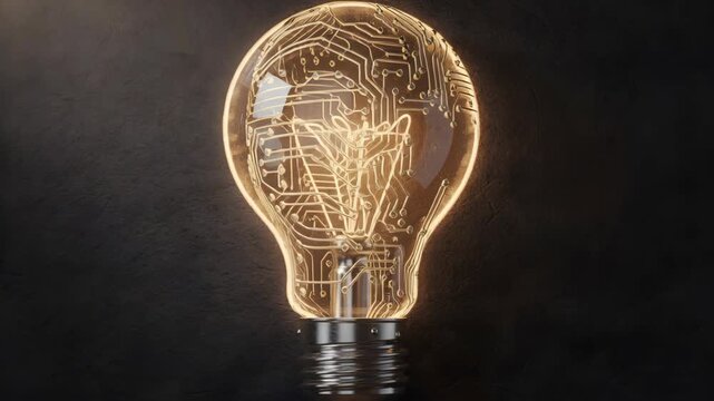 A creatively lit lightbulb with a visible circuit pattern against a dark background inspires innovative solutions and technical progress. Excellent for business, education, tech projects, and marketin