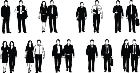 Business professional silhouette icon set, twelve diverse men and women in corporate attire with briefcases and gestures, black vector illustration, workplace and diversity theme, isolated background