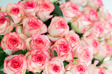 Beautiful bouquet of fresh pink roses with delicate petals, arranged closely together. Romantic floral background perfect for weddings, Valentine&rsquo;s Day, anniversaries, and special celebrations