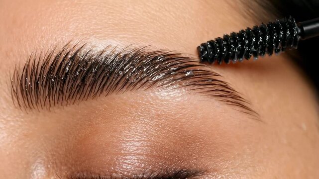 Closeup of eyebrow grooming with gel brush during makeup application on smooth skin and natural eyebrow shape