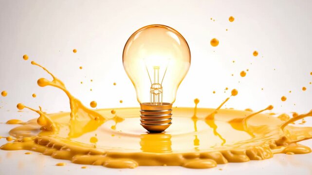 Creative light bulb with glowing filament surrounded by dynamic yellow paint splash on clean white background