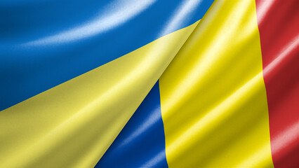 Fototapeta premium Ukraine and Romania two national flags filling the entire frame, close-up view, edge-to-edge composition