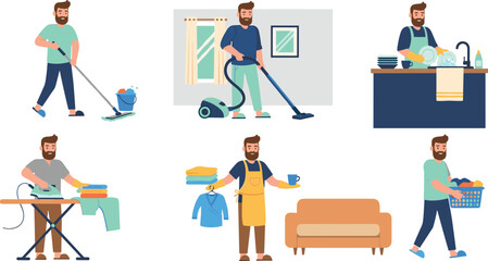 Fototapeta premium Man Doing Household Chores Illustration Set with Cleaning, Laundry, Ironing, Vacuuming, and Home Care Activities in Modern Flat Style Design