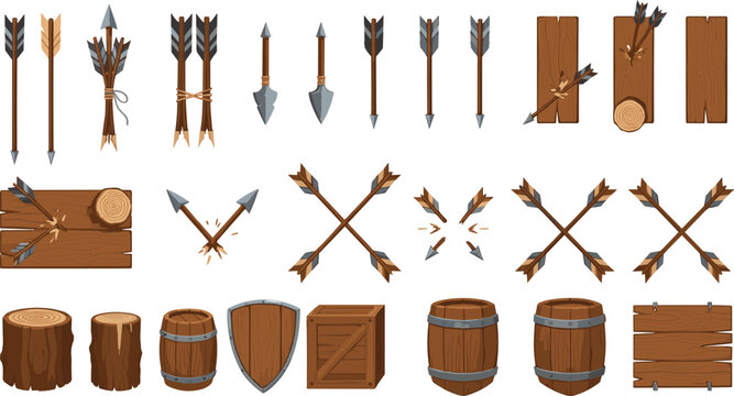 Medieval Weapon and Wooden Object Vector Set with Arrows, Spears, Shields, Barrels, Crates, and Rustic Game Assets for Fantasy and RPG Designs