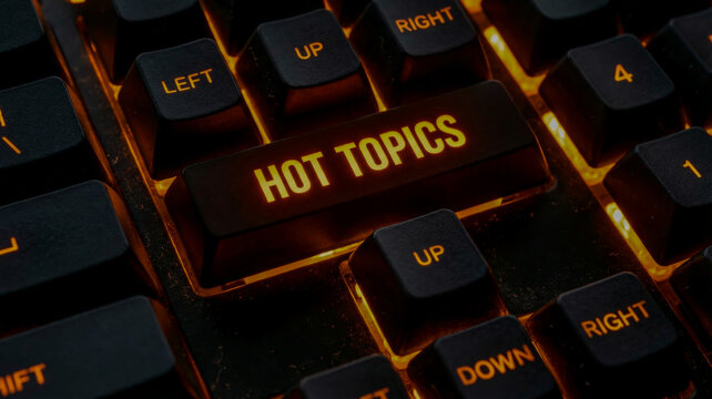 Closeup of a keyboard with a glowing hot topics key on a dark background