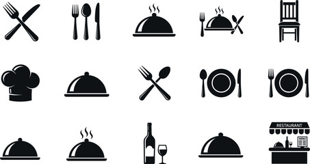 Set of black restaurant and dining icons including cutlery and serving cloche