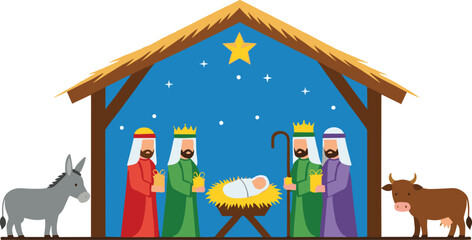 Obraz premium Nativity scene illustration depicting baby Jesus, Mary, Joseph, three wise men, stable, star, and animals celebrating Christmas story