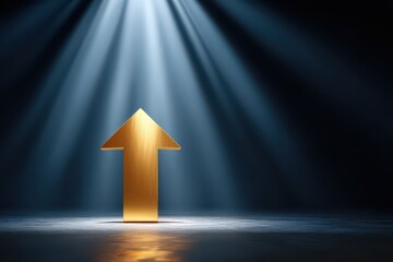 Golden Arrow Pointing Upward Symbolizing Growth and Success Bathed in Dramatic Blue Light on Rough Textured Dark Surface Concept of Achievement Progress