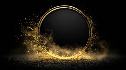 Golden Glittering Circle Frame Against a Dark Background with Sparkling Light Effects and Glowing Particle Streaks Creating a Festive Abstract Atmosphere