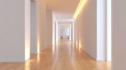 Long White Hallway with Light Hardwood Floors and Recessed Lighting Creating a Warm and Inviting Atmosphere