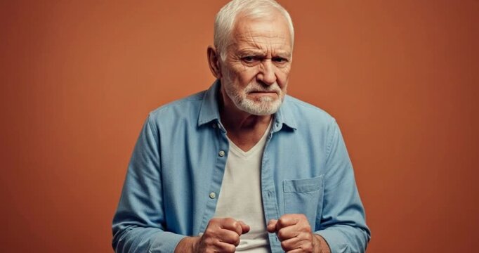 Elderly Man Expressing Jealousy and Emotional Insecurity on Orange Background
