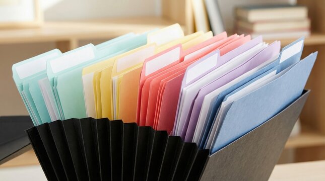Organized colorful paper folders in black expanding file box for office document management