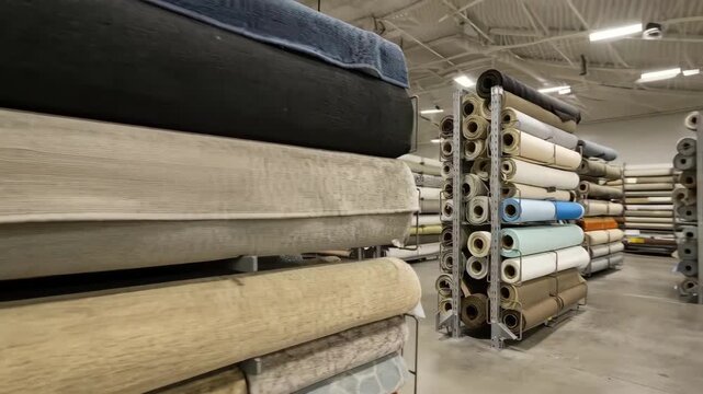Medium shot of large carpet rolls in a warehouse neatly organized by barcode for efficient inventory management and easy access. Medium shot showcasing commercial carpet rolls