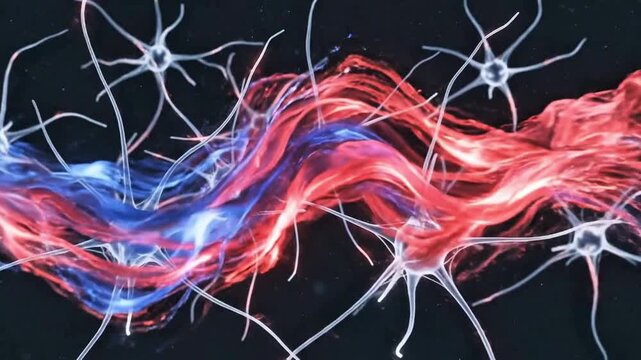 This stunning scientific video illustrates a complex neural network with glowing blue neuron cell bodies and active red electrical impulses connecting vital pathways for communication.