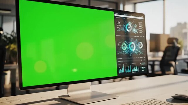Green Screen computer and mockup desktop in office for user interface website web design company technology digital marketing blank pc advertising ux software dashboard scene 3 with distortion
