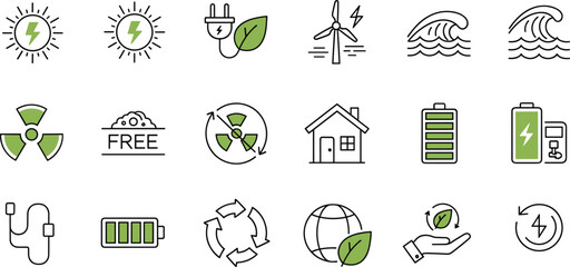 Set of vector line icons depicting nature, renewable energy sources, and eco-friendly solutions for planet © Emongrapic