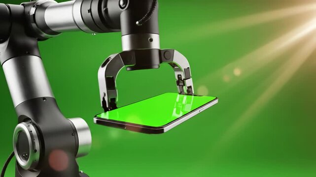 Green Screen real robot arm holding mock up smartphone device scene 3 with distortion, overlay, glitch, static noise, scan lines on black background, 4k animated video loop