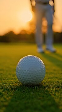 Golfer walking towards a golf ball near the hole on a green at sunset, symbolizing success, achievement, and the final moments of a game close to victory