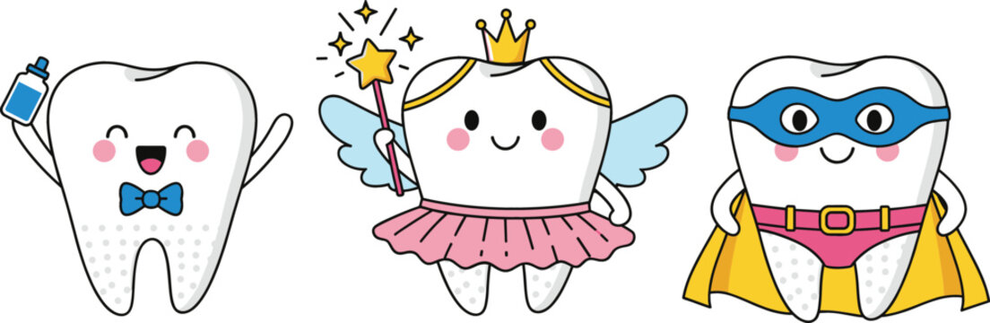 Cute tooth character vector set featuring a happy tooth with bowtie a tooth fairy princess and a dental superhero for pediatric dentistry children oral health and hygiene education.