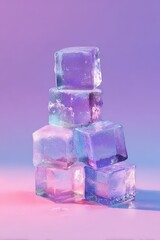 Pile Of Ice Cubes Reflecting Light On Purple And Pink Gradient Background Highlighting Translucent Textures And Sparkling Detail Creates A Playful Atmosphere