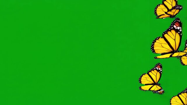 Green Screen 5 yellow monarch butterflies swarms animation overlay graphic element scene 2 with distortion, overlay, glitch, static noise, scan lines on black background, 4k animated video loop