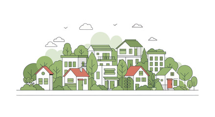 Modern Eco-Friendly Village Landscape with Minimalist Houses and Greenery