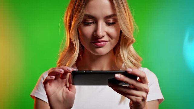 Green Screen chroma key cu caucasian female using generic smart phone horizontal orientation modern apartment interior background 4k uhd raw graded footage scene 2 with distortion, overlay, glitch