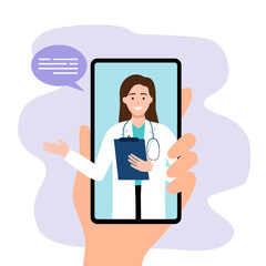 Doctor online on smartphone app with female doctor. Online medical clinic, online medical consultation, tele medicine. Online healthcare and medical consultation