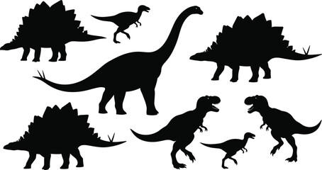 Prehistoric dinosaur silhouette collection featuring stegosaurus brachiosaurus and tyrannosaurus rex set, cad drawing flat vector illustration for educational graphic design projects © MDMOHOBBAT