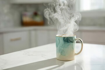 Steaming Hot Beverage in Ceramic Mug on White Marble Countertop Kitchen with White Cabinets and Natural Light Still Life