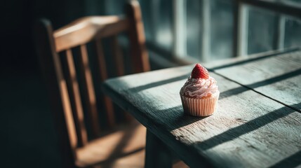 Strawberry Topped Cupcake on Wooden Table with Natural Light and Blurred Window Background Creates a Warm Dessert Still Life