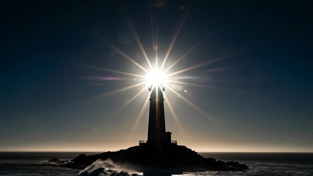 Dramatic lighthouse silhouette with sunburst at sunset on a rocky coast.