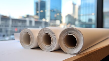 Three Rolled Up White Poster Boards On Tabletop With Out Of Focus Cityscape Background In Soft Lighting