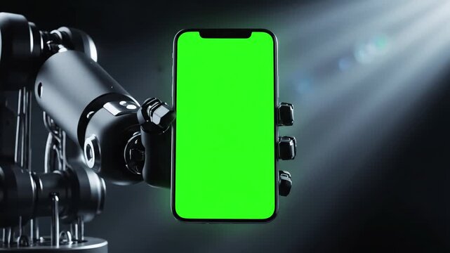 Green Screen real robot arm holding mock up smartphone device scene 1 with distortion, overlay, glitch, static noise, scan lines on black background, 4k animated video loop