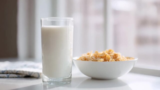 Glass of milk and bowl of cornflakes on table by window, healthy breakfast concept with natural morning light and copy space

