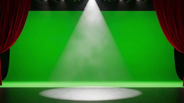 Green Screen red curtain with spotlight opening scene 4 distortion, overlay, glitch, static noise, scan lines on black background, 4k animated video loop