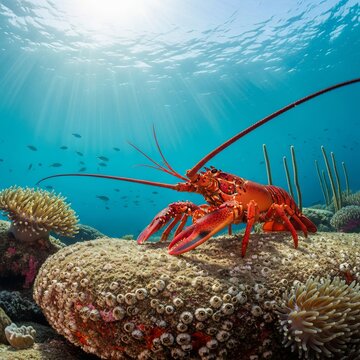 Lobster crawling on the ocean floor with a hard shell and large claws. A marine crustacean known for its segmented body and importance in seafood and ecosystems.