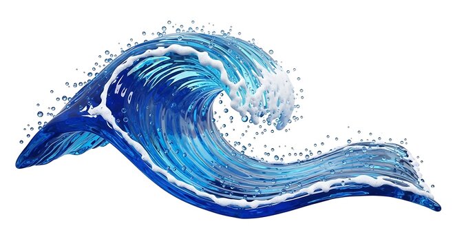 Dynamic Blue Ocean Wave Crashing with White Foam and Water Droplets in Motion